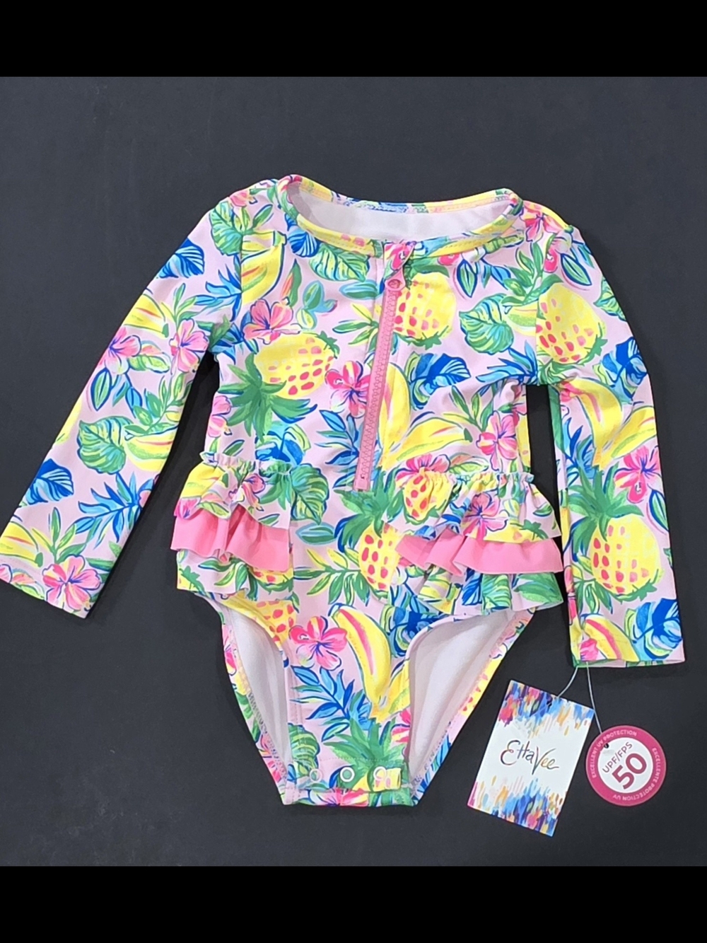 Kids Long-Sleeve Pink Tropical Ruffle One-Piece Swimsuit